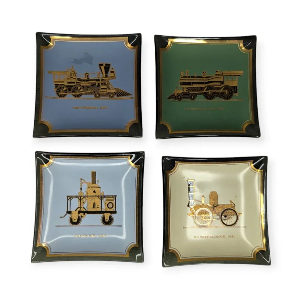 Vintage Houze Art Curved Glass Trays w/ Locomotives Train Railroad 3.5
